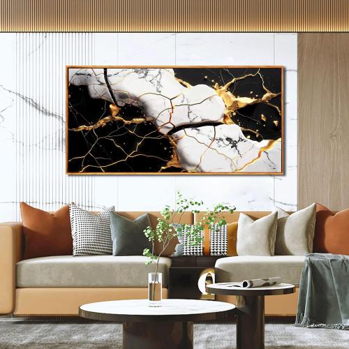 Abstract Wall Art for Bedroom, Black White and Gold Canvas Wall Decor for Living Room, Picture Print Artwork for Office, Size 48 x 24 Inches Framed