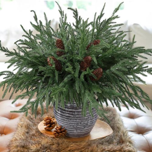 Artificial Christmas Norfolk Pine Stems Branches for Vases,12 Bundles Faux Pine Branches with 5 PCS Big Fake Pinecones Stems Greenery Evergreen Real Touch for Holiday Winter Table Xmas Decor