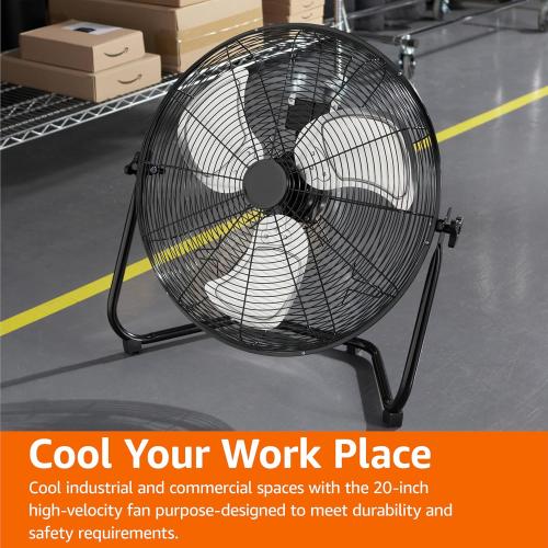 Amazon Basics 20 High Velocity Industrial Fan, Floor Fan, with 3 Speeds, Tilt Hea tod, ETL-Listed Safety Compliance, Metal Housing/Blades, Ideal for Industrial/Commercial Space/Garage/Gym, 125W, Black