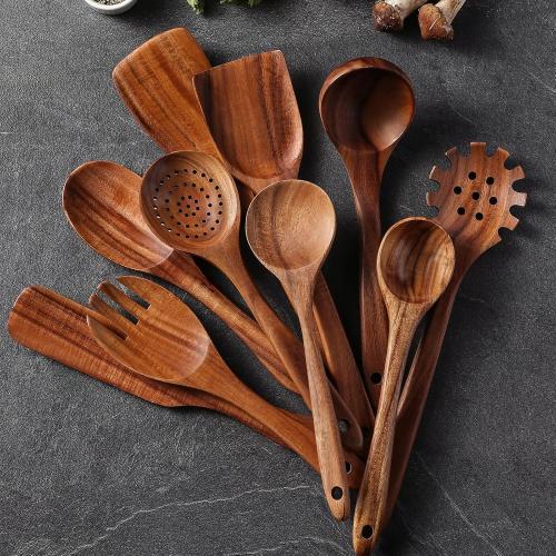 Wooden Spoons for Cooking, **12 Pcs *Teak Wood Kitchen Utensils Set with Spoon Rest - Nonstick Heat Resistant Wooden Cooking Utensils, Natural Healthy Spatula Set for Pots and Pans