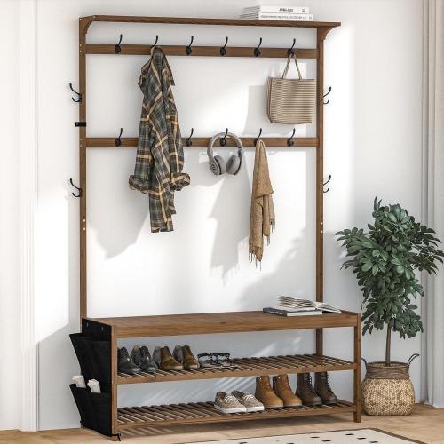 Size 46x15x70 Color brown  Hall Tree with Shoe Bench Entryway Bench with Coat Rack 6-in-1 Coat Rack Shoe Bench with Cloth Bag Storage Bench with 16 Coat Hooks, Sturdy Bamboo Frame, Large Size, Brown 46 * 15 * 70 Inches