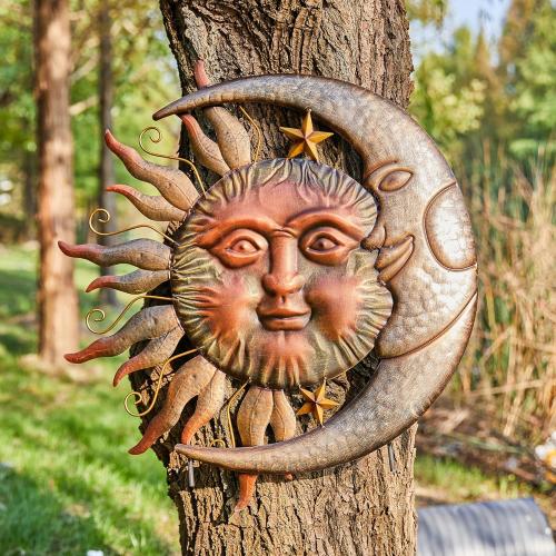Glitzhome 36.25H Metal Sun and Moon Yard Stake, Bronze Rustic Sun and Moon Garden Stake or Antique Wall Decor