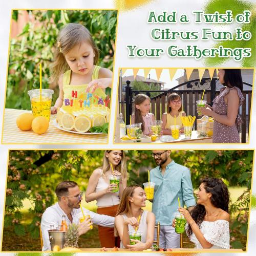 300 Pieces Lemon Plastic Disposable Cups with Lids and Straws 16 Ounce Lemon Hawaiian Luau Party Plastic Cups Clear Summer Tropical Party Cups Fruit Cold Cups for Lemonade Juice Water