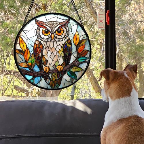 DASTOLL Stained Glass Window Hanging, Owl Colorful Leaves Birds Sun Catchers Diamond Glass Panel Hangings Suncatcher Decor for Birthday for Women, Men, Wife, Aunt, and Mom 14.9x14.9 in