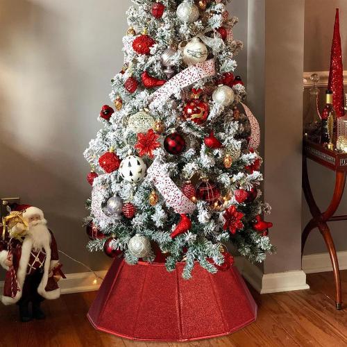 Fabric Christmas Tree Collar, Glittering Tree Ring, Willow Tree Skirt for Christmas Decorations (Glitter Red)