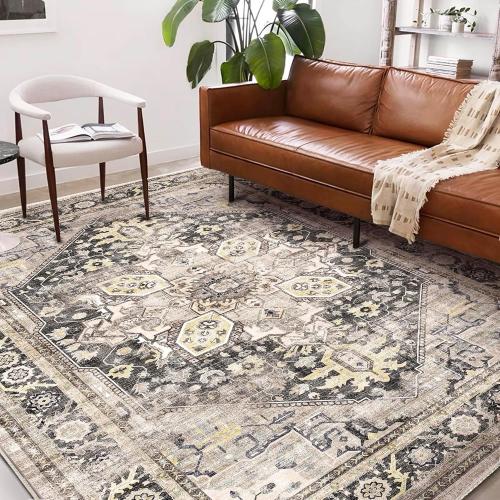 CHAMPLANT Washable Area Rug 8'x10' Black-Purple Khaki Retro Boho Design Non-Shedding Non-Slip Easy Care Ideal for High Traffic Areas in Living Room Bedroom Office Coffee Table Kitchen Large Carpet