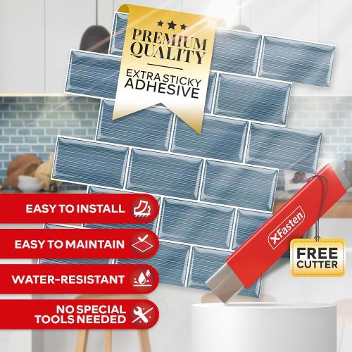 XFasten Backsplash Tile for Kitchen Peel and Stick Tile 10pcs 12” x 12” with Mini Cutter Blue Subway Tile for Backsplash, Waterproof Bathroom Kitchen Wall Tiles