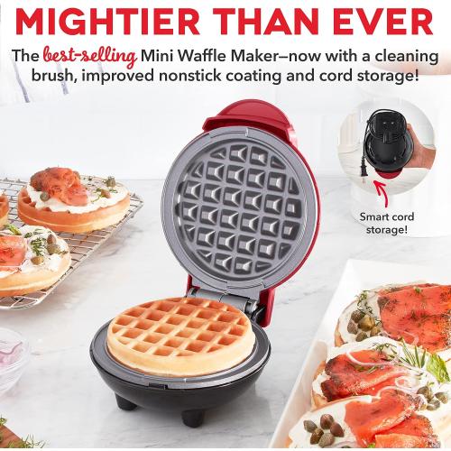 Dash Deluxe Mini Waffle Maker- Compact, Easy-to-Clean Breakfast Appliance - Convenient Cord Wrap - Cleaning Brush Included - 4-Inch - Apple Red‼️light dirt‼️