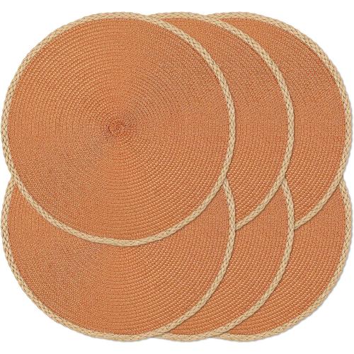 Noctiflorous Round Placemats Set of 6, 15 Inch Braided Hand Woven Table Mats, Heat Resistant Non-Slip Wipeable Thin Edge Place Mats for Kitchen Dining Indoor Outdoor Use(Orange, 6)