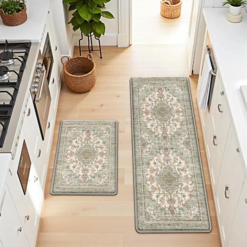 Boho Kitchen Mats for Floor 2 Piece Set Anti Fatigue Cushioned PVC Kitchen Rugs Non Slip Waterproof Farmhouse Mats  Comfort Standing Mat for Laundry, Green Orange Beige