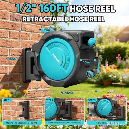 1/2 160FT Retractable Garden Hose Reel - POXURIO Heavy Duty Automatic Wall Mounted Hose Reel Upgraded UV Resistant, 3/4 Brass Fitting, 10 Pattern Nozzle, 180° Swivel&Any Length Lock Slow Retraction