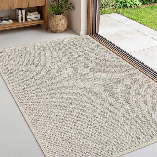 Ultra Thin Indoor Door Mat 24x36, Washable Door Mat Indoor Entrance, Non Slip Rubber Backing Doormat Low-Profile Inside Entryway Mat, Unique Herringbone Design Entry Mat, Khaki (FOLD)