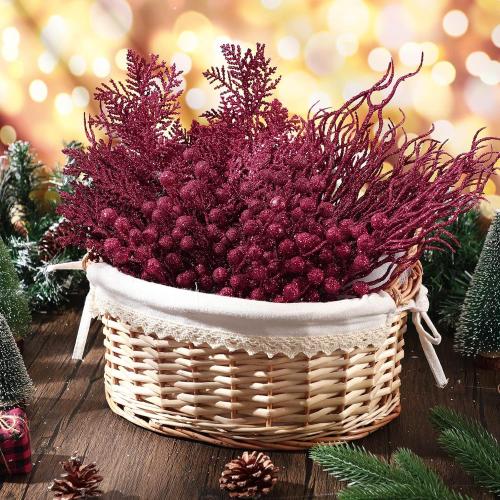 75 Pcs Christmas Glitter Branches 3 Styles Artificial Christmas Picks Berries Stems Pine Needles Floral Twig Spray for Xmas Tree Ornaments DIY Wreath Garland(Burgundy)