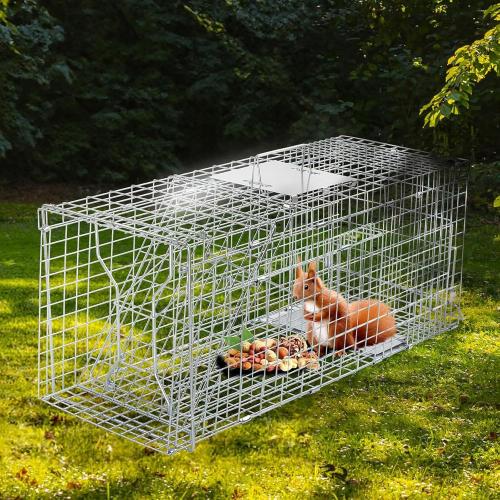 32 Live Animal Trap Cage, Heavy Duty Folding Live Animal Cage Trap for Stray Cats, Raccoons, Squirrels, Rabbits, Opossums, Groundhogs, Armadillos up to 16.5 lbs - 32 L x 11 W x 13 H