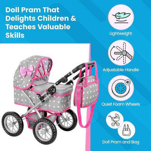 Kinderplay Baby Doll Stroller | Baby Doll Pram | Baby Doll Carriage - Stroller for Baby Dolls with Adjustable Handle (12.99-24.80 inches) | Babydoll Reborn Strollers | Model KP0261S