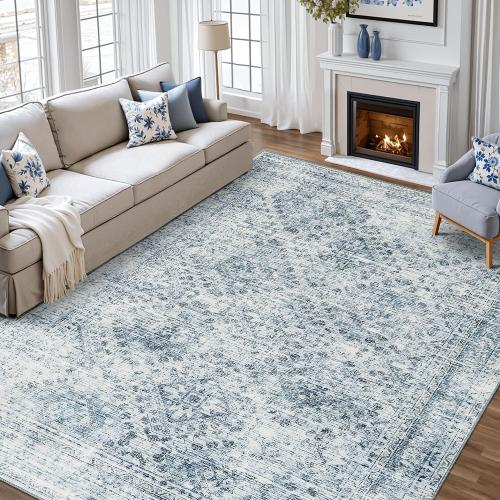 MIULEE 8x10 Vintage Washable Area Rugs Living Room Rug Low Pile Boho Farmhouse Floor Mat for Bedroom Dining Room Under Kitchen Table, Non-Slip Stain Resistant Soft Large Carpet for Home Decor, Blue