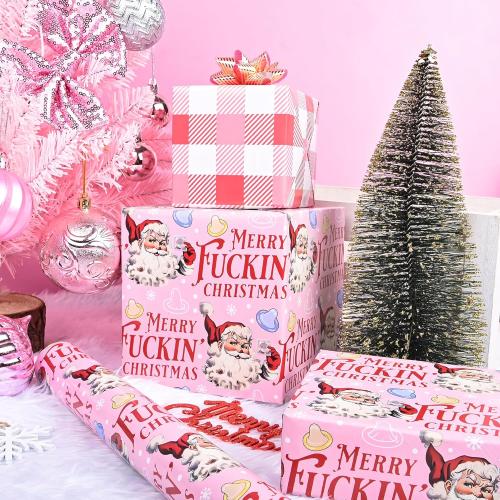 Altarho Funny Christmas Wrapping Paper Roll for Adult Women Men Husband - Pink Inappropriate Christmas Santa and Retro Buffalo Plaid Design Naughty Xmas Gift Wrap for Birthday Winter Holiday Decoration Total 28.5sq.ft