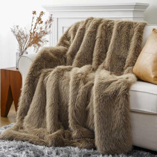 BATTILO HOME Luxury Tan Fluffy Faux Fur Throw Blanket, Cozy Warm Large Fur Blanket for Couch, Sofa, Chair, Bed, Plush Fuzzy Fur Throws with Long Pile, 60x80(Khaki)