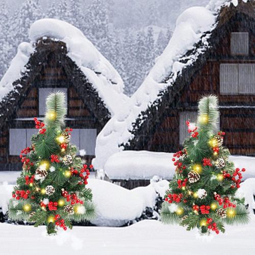 Lulu Home 2 Pack 2 Ft Pre-Lit Pathway Christmas Trees with Stake, Battery Operated 60 LED Lighted Small Christmas Trees Yard Stake Outdoor Decoration with Red Berries, Red Balls, Pine Cones