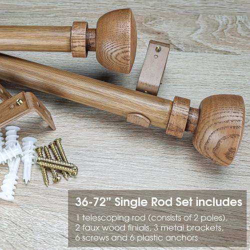 Faux Wood Style Curtain Rod Set with Wood Grain Round Finial, 36-72 inch, Standard Single Drapery Rod for 1 Pack, 1 inch diameter, Adjustable Length