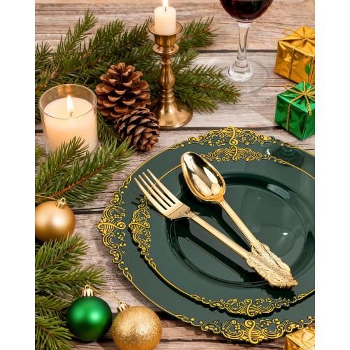 Nervure 175PCS Green Plastic Plates - Disposable Green Gold Party Plates & Pre Rolled Napkins with Cutlery for 25 Guests, 50Plates, 75Silverware, 25Cups, 25Napkin for Wedding & Party