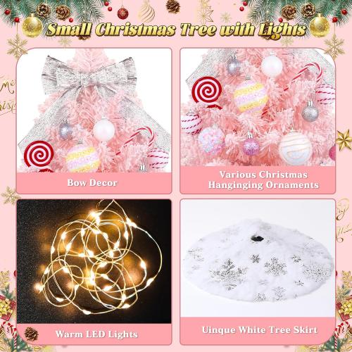 Mini Pink Christmas Tree with Lights, 2ft Artificial Small Table Top Christmas Tree with Bow, Ball Ornaments and White Tree Skirt, 24 Pcs DIY Xmas Decorations for Kids, Toddler Room