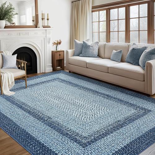 Washable Rug  Boho Accent Carpet Modern Geometric Floor Carpet Indoor Throw Floor Cover Braided Print Rug Low Pile Non Slip Farmhouse Rustic Bohemian Carpet for Living Room Bedroom, Blue