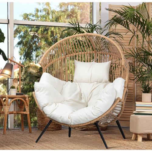 Egg Chair Wicker Outdoor Chairs, Oversized Patio Chair Oversized Lounger Chair with Cushion for Indoor Living Room, Bedroom, Outside Patio Backyard Balcony, Beige