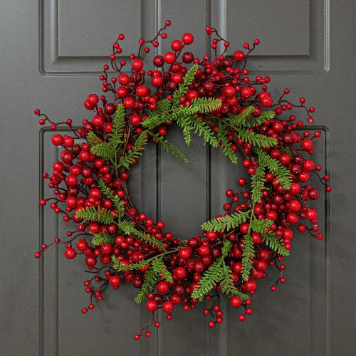J'FLORU Artificial Christmas Wreath 20 Inch Chirstmas Wreaths for Front Door Red Berry Wreath with Pine Needles for Porch Fireplace Xmas Winter Holidays