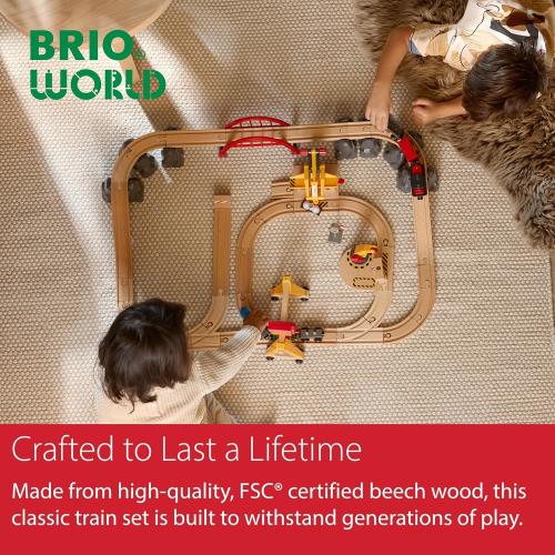 BRIO World Cargo Railway Deluxe - Wooden Track Train Set - Battery-Powered Engine, 3 Cranes, Bridge, Truck - Kids Ages 3  - Compatible with All BRIO Sets - FSC Certified Wood - 54-Pieces