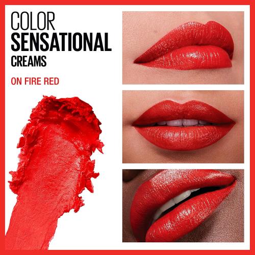 Maybelline Color Sensational Lipstick, Lip Makeup, Cream Finish, Hydrating Lipstick, Nude, Pink, Red, Plum Lip Color, On Fire Red, 0.15 oz; (Packaging May Vary)