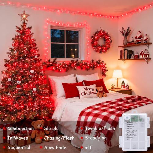 JMEXSUSS 33ft 100 LED Red Battery Operated Lights with Remote, Valentine Lights Battery Operated, Christmas String Light Indoor Outdoor for Valentine's Day Tree House Yard Xmas Decor