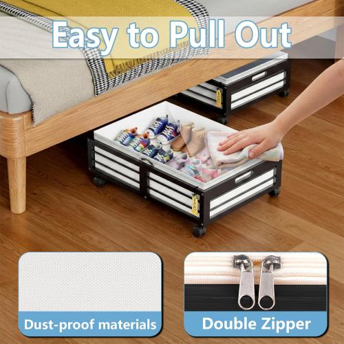 Under Bed Storage Containers with Wheels, Larger Bamboo Wood Under Furniture Storage Containers with Dust Bags，Rolling for Shoes Clothes