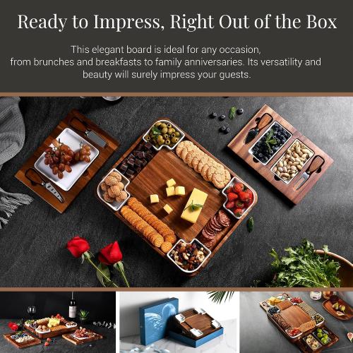 Upgraded Acacia Cheese Board Set, Square Shaped Charcuterie Set, Cheese Platter, Handcrafted Design and Stainless Steel Cutlery Set - Gift for Any Occasion No Engraving
