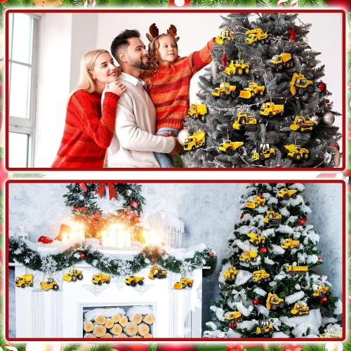 Pinkunn 36 Pcs Christmas Vehicle Wood Ornaments Set Construction, Monster, Fire, Army, Police Car Transportation Hanging Ornaments Gifts for Tree Decor