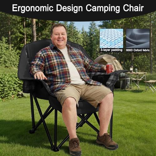 Youtanic Oversized Extra Large Padded Camping Chair, Heavy Duty 400 lbs Foldable Lawn Chair, Ergonomic Outdoor Seat with Plaid Design, Cup Holders & Storage Pockets for Fishing, Sports, Black