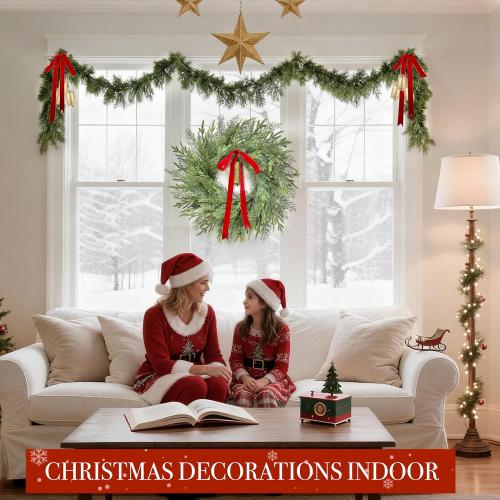 24 Large Christmas Wreaths for Front Door Thick Outdoor Christmas Wreath with Norfolk Pine Cypress Branches Gold Cow Bell Red Bow Soft Artificial Xmas Wreath for Home Door Window Wall Porch Indoor