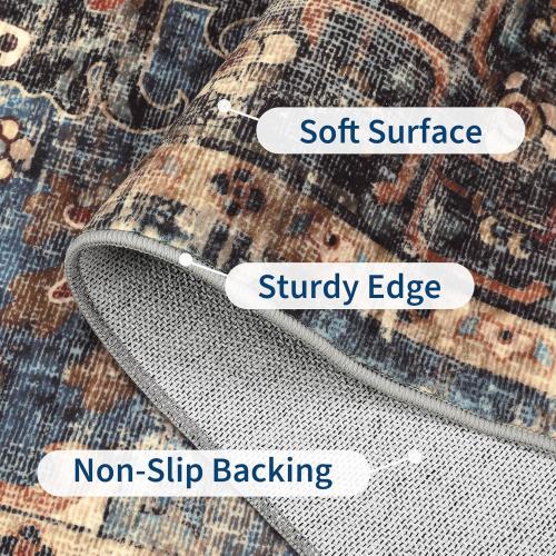 GarveeHome 10x13 Washable Vintage Living Room Area Rug: Vintage Machine Washable Area Rug for Living Room Indoor Large Non-Slip Bedroom Carpet Low Pile Stain Resistant Dining Room Carpet Blue&Brown
