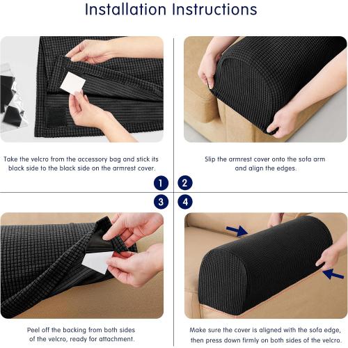 SUBRTEX Stretch Couch Arm Covers Set of 2, Checkered Sofa Arm Slipcovers, Anti-Slip Armrest Covers for Recliner and Armchairs, Pet Proof, High Stretchy, Hook & Loop Tape, Black