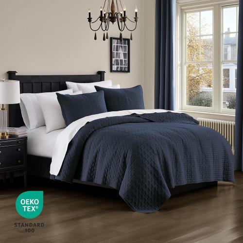 palassio Navy Blue 100% Cotton Quilt Twin Size Bedding Sets with 1 Pillow Sham, Textured Lightweight Soft Bedspread Shabby Chic Coverlet, Quilted Comforter Bed Cover for All Season, 2 Pieces