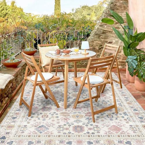 6.5x10 Durable Vinyl Rugs for Living Room, Vintage Floral Pattern for Dining Room, Bedroom, Home Office, Bobo Beige Non-Slip Large Rugs for Indoor&Outdoor RV, Deck, Backyard, Balcony,Modern Home Decor