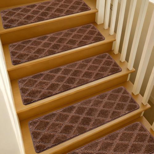 9.5x36 Stair Treads for Wooden Steps Indoor, 15 Pcs Non Slip Peel and Stick Carpet Stair Treads, Washable & Reusable Self Adhesive Stair Runner Rug for Kids Elders Pets - Brown