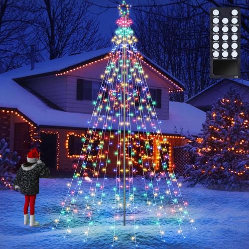 Lomotech Christmas Tree Lights - 10Ft 404 LED with 7.08 Topper, Remote Controll Waterproof Iron Pole Waterfall Lights for Outdoor Christmas Decorations (Multicolor)