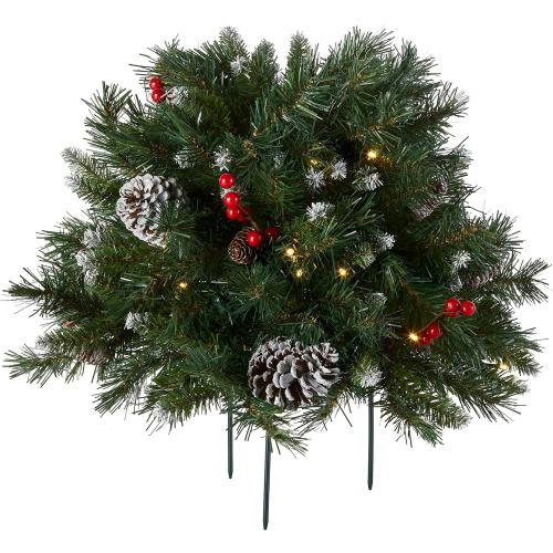 National Tree Company 18 in Pre-Lit Frosted Berry Artificial Christmas Urn Filler, Christmas Decoration with Pinecones, 35 Clear LED Lights, 175 Tips, Timer, Tripod Stake, Green