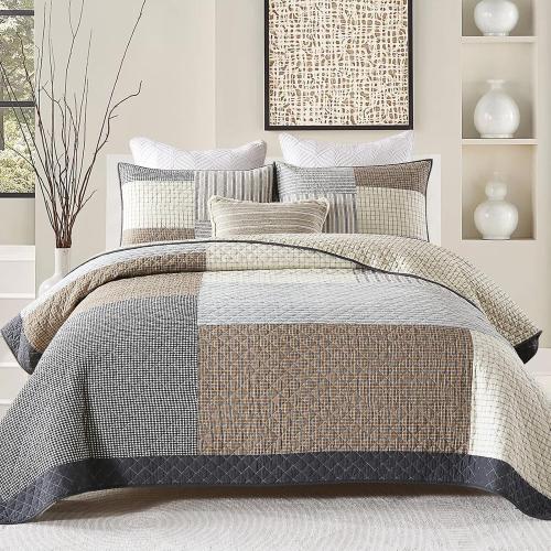 Quilts Queen Size - Queen Quilt Bedspread, 100% Cotton Patchwork Quilt Bedding Set for Queen Bed, 3 Pieces Plaid Farmhouse Reversible Rustic Lightweight Comforter Spread, Brown/Beige/Gray