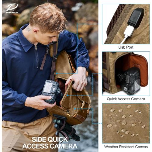 Padwa Lifestyle Khaki Camera Backpack - Waxed Memory Canvas Camera Bag, Multi DSLR SLR Large Camera Backpacks for Photographers with 16” Laptop & Lens Compartment and Tripod Holder & Weather Resistant