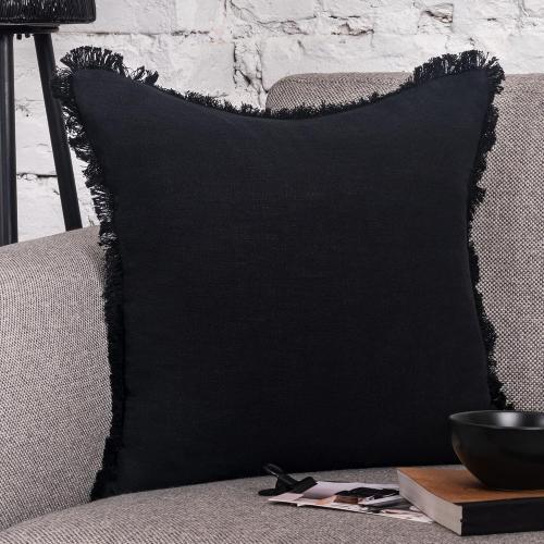 INSPIRED IVORY Linen Pillow Cover 20x20 Inch - Decorative Throw Pillow Cover with Tassels - Soft Solid Black Pillow Cushion Cover for Sofa, Couch, Bed Decor, Single Sham (50x50cm)