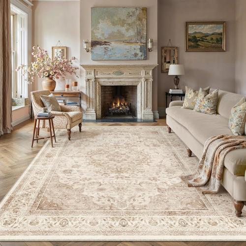 9x12 Beige Washable Vintage Area Rug for Living Room Bedroom Soft Tranditional Non Slip Large Throw Rug Lightweight Floral Low Pile Distressed Carpet Office Playroom Home Decor