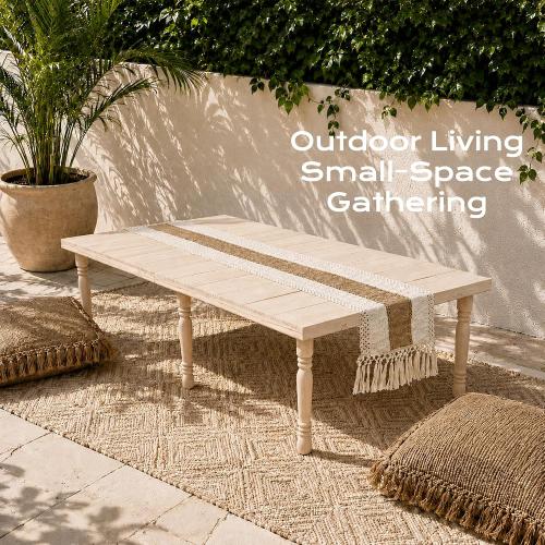 Boho Folding Picnic Table, 60 x 30 Low Wooden Table | Includes Table Runner & Non-Slip Pads, Portable Indoor/Outdoor Table for Camping, Beach, Garden, Wedding & Parties, Seats 6-8