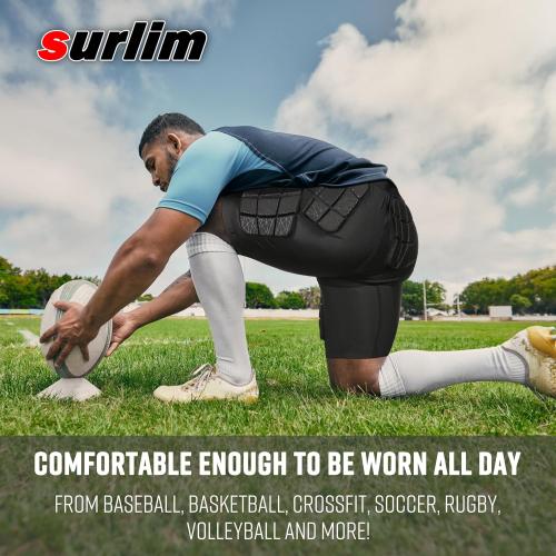 Surlim Football Girdle for Men, 5-Pad Compression Shorts with 12mm Padding | 12mm Sewn-In Pads, Stay-in-Place Fit, Breathable Compression Shorts for Football Practice & Game, Built-in Cup Pocket